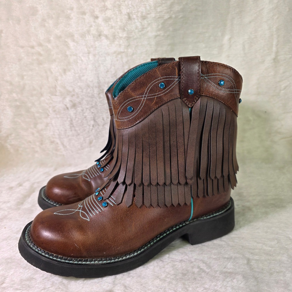 Justin Gypsy Fringe Western Boots Short Brown Blue Rhinestone Womens 10 B